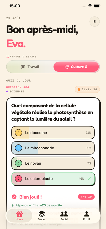 Helace sur iPhone : l'accueil de l'espace Culture générale